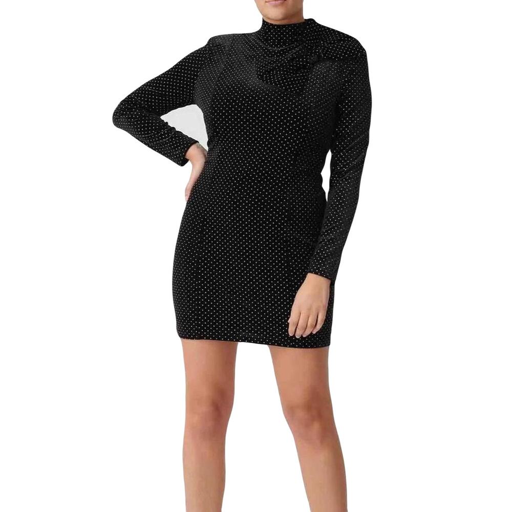 FOREVER UNIQUE 6 Black Gold-Studded Velour Velvet Big-Bow High-Neck Stretch Knee